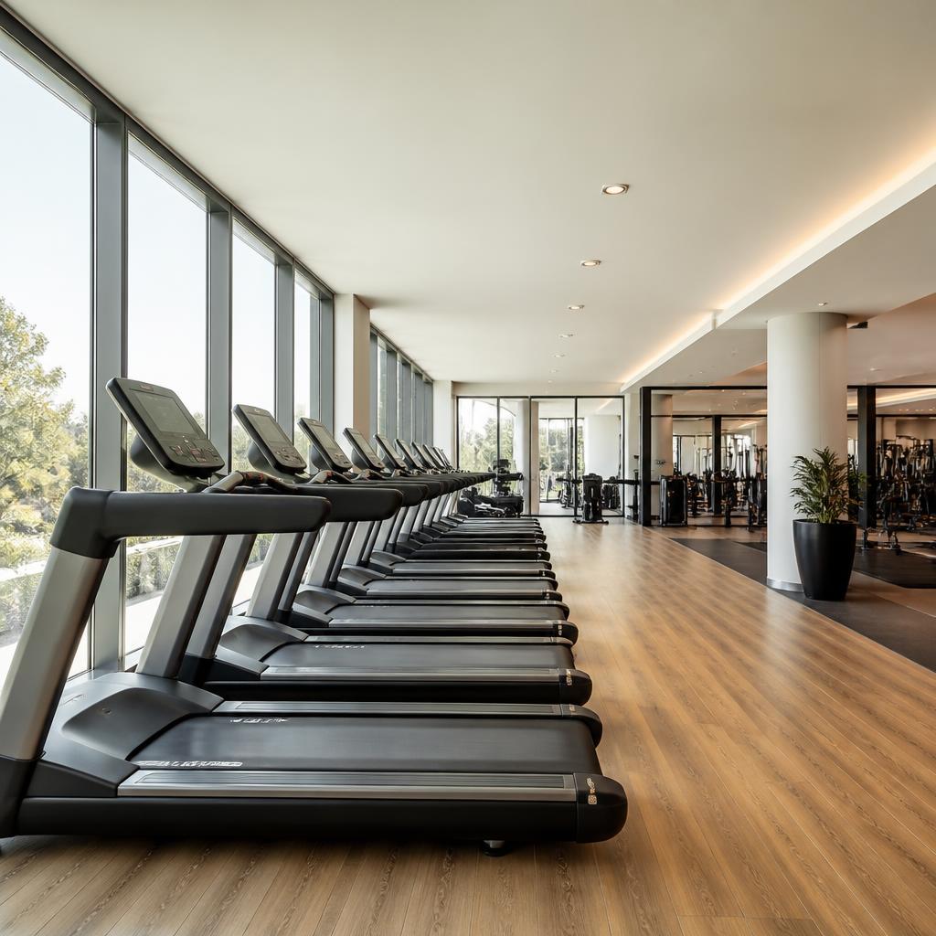 Row of treadmills in a bright, empty gym