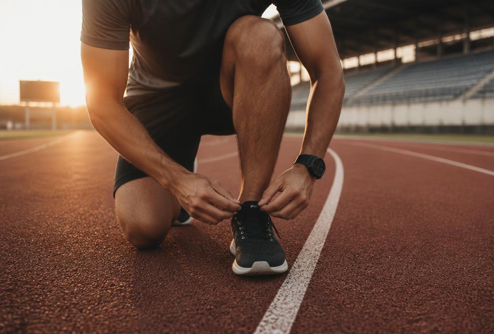 Athlete lacing running shoes on a stadium track at sunrise