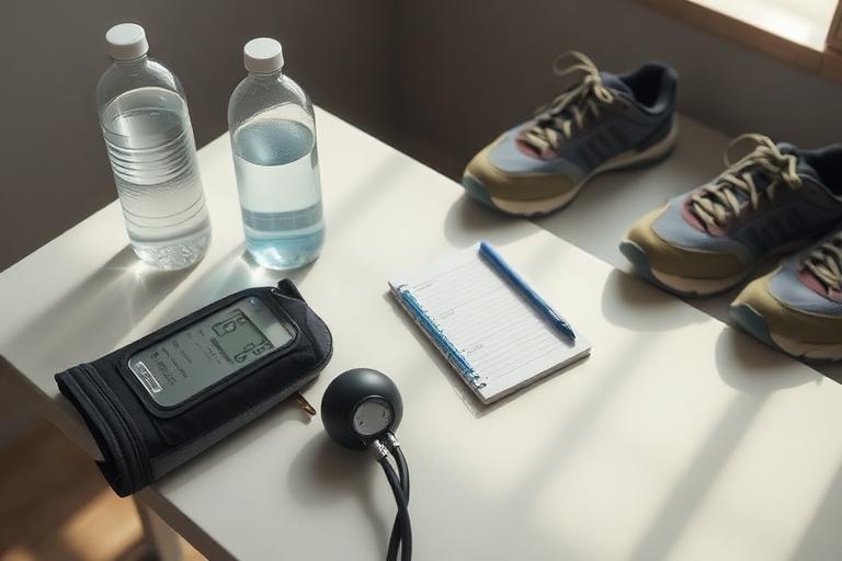 Blood pressure cuff, notebook, water, and walking shoes on a table