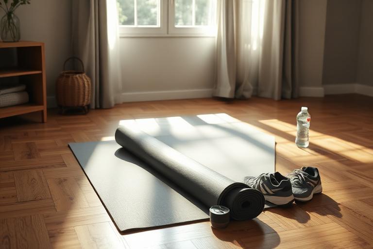 Exercise mat, shoes, and water bottle in a sunlit living room
