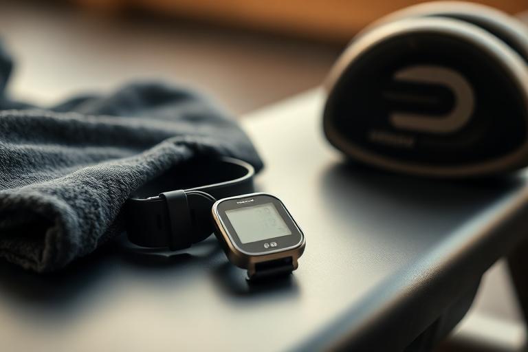 Heart rate monitor and fitness watch resting on a gym bench
